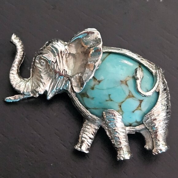 Vintage BEAU Sterling Turquoise 3D African Elephant Animal Brooch Pin 1.5" - Picture 1 of 2